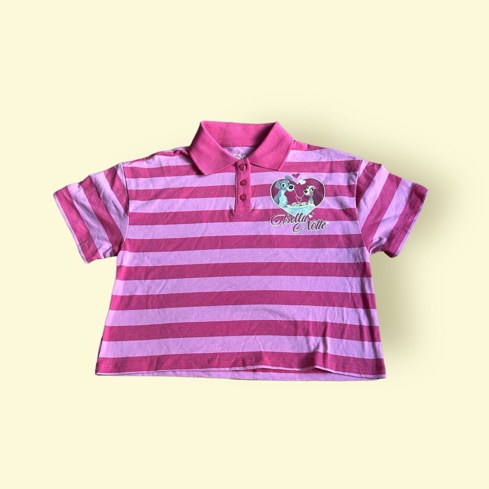 Like New Disney Lady And The Tramp Girls Pink Striped Crop Polo Shirt Size 6/7